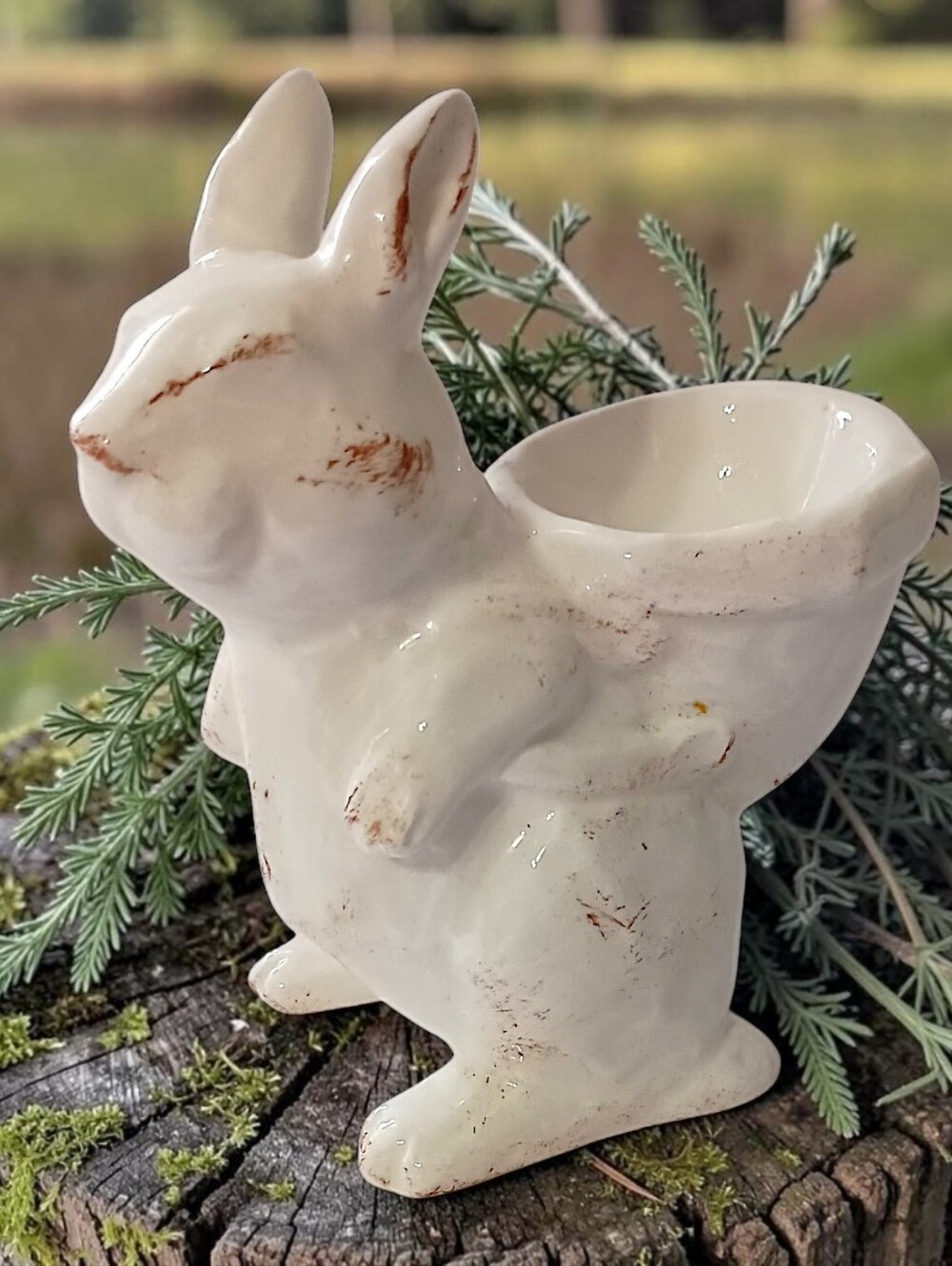 Pottery Barn Ceramic Bunny Planter Candle Holder Beige Easter Rabbit Egg Cup
